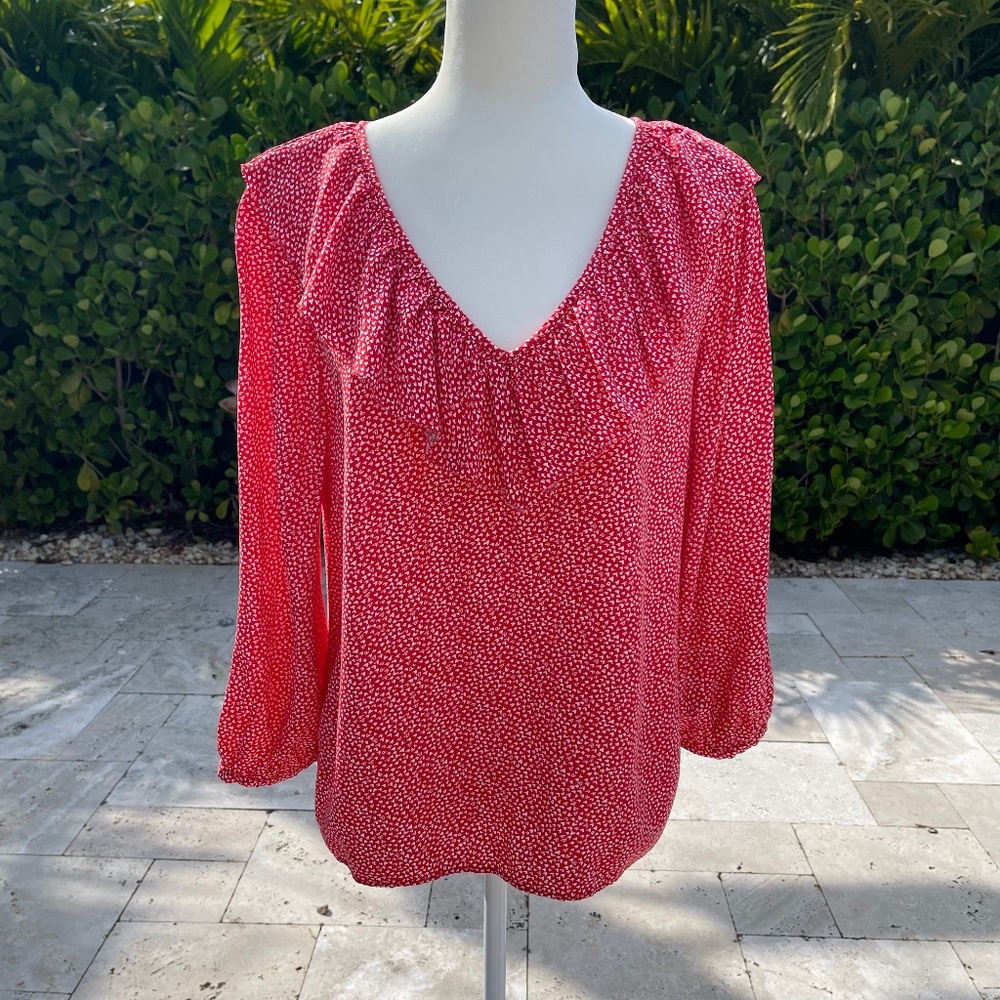 LOFT red heart print blouse with ruffle neckline and 3/4 sleeves, size Medium